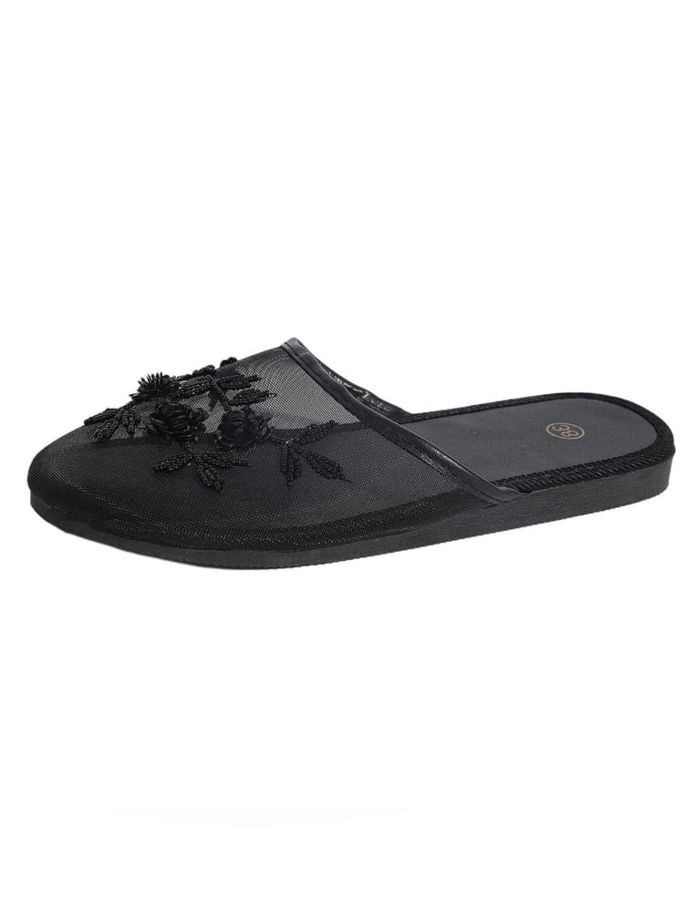 Black Beaded Floral Mesh Slide Mule